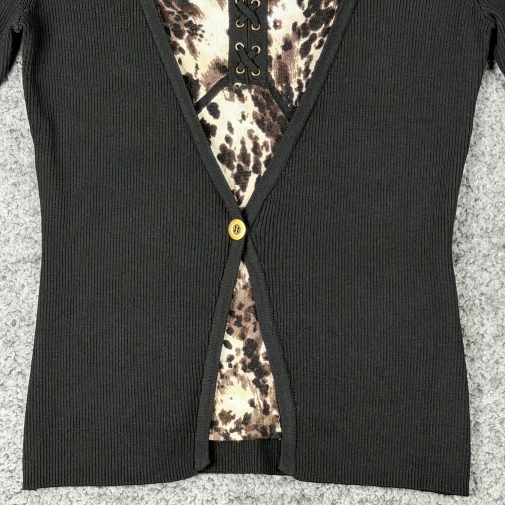 NEW August Silk Women's M Black Ribbed Cardigan Leopard Print Lace Up 2-in-1 Top - Picture 12 of 15